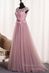 A-Line/Princess Sash Tulle Floor-Length Lace Semi Formal Prom Dresses